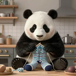 panda try to knit socks in the kitchen by greg rutkowski and thomas kinkade, trending on artstation, 3 d render octane