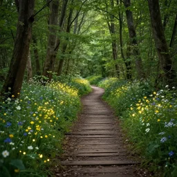 woodland path with wild flowers dense trees small stones fairylights, fantasy, highly detailed, art by greg rutkowski