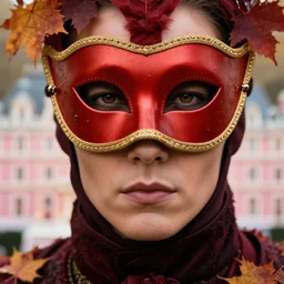 highly detailed portrait photography steered gaze of a stern face, wearing a red venetian mask, in autumn, 105mm f2.8 at the grand budapest hotel