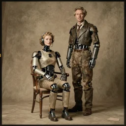 a beautiful ultradetailed fine art old vintage couples portrait photo of cyborgs sitting on a chair and  standing, by tom bagshaw and zach sutton, couples portrait, vignette, 35mm lens, golden ratio composition, studio photography, very detailed, humanoids, artstation, 8k, highly coherent