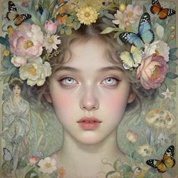 a beautiful young lady with huge bright silver eyes, background wallpaper full of intricate of flowers and butterflies, daguerreotype by pontormo, by gustave moreau, by Mackintosh, by schiele, art noveau, highly detailed, strong lights, liminal, eerie, Bright pastel colors