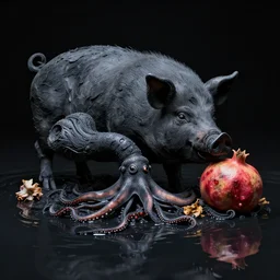 burnt sculpture of a pig - cephalopod and a pomegranate, photorealistic, wilted flowers, black background, black flood waters, by bob eggleton, trending on artstation