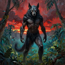 frazetta werewolf realistic full body panoramic portrait textured oil painting jungle cyan background with red dramatic sky and sunset with rain and storm