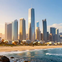 los angeles's coastline with futuristic humongous skyscrapers in the horizon, heat wave, hyperdetailed, artstation, cgsociety, 8 k