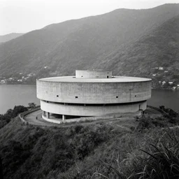 huge brutalist concrete circular building, on a hill by a lake surrounded by high mountains, no trees, no people, black and white analoge photograph