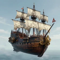 a highly detailed 4 k fantasy matte painting of a photorealistic floating pirate ship, historically accurate