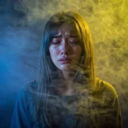 crying girl covered by yellow and blue smoke