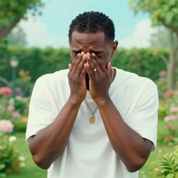 A photo of Frank Ocean crying in the middle of a garden, 8K concept art, dreamy, garden, bushes, flowers, golden hour, vintage camera, detailed, UHD realistic faces, award winning photography, cinematic lighting