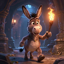 selfie portrait of eeyore donkey as dnd adventurer   walking in dungeon with torch, mattepainting concept Blizzard pixar maya engine on stylized background splash comics global illumination lighting artstation  lois van baarle, ilya kuvshinov, rossdraws