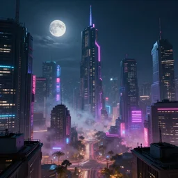 photorealistic wide shot of a beautiful neonpunk city in the moonlight, octane render, unreal engine 4k, volumetric light, fog, detailed
