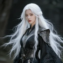 a beautiful woman with long flowing white hair, detailed clothing, dark aesthetic, fantasy setting