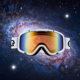 ski goggles floating in a galaxy