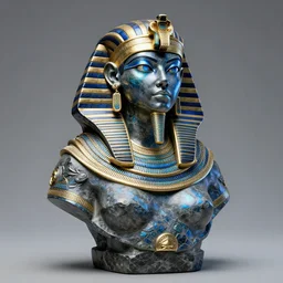 intricate holographic realistic bust sculpture of futuristic digital obese angry egyptian feminine girl empress, stone and glass and gold, blue and black, masterpiece