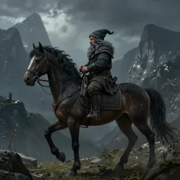 A dwarf riding a dark and uncanny horse in the mountains, ambient lighting, highly detailed, mystic, rpg artwork