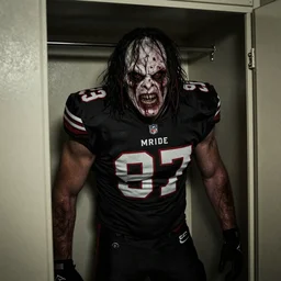 grainy photo of an nfl linebacker as a creepy monster in a closet, harsh flash