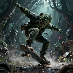lovecraftian horror cthulhu doing a kickflip on a skateboard, unreal engine, extremely detailed, concept art