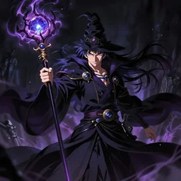 a powerful dark wizard anime character with staff emendating dark energy from the orb gem at the head of the staff