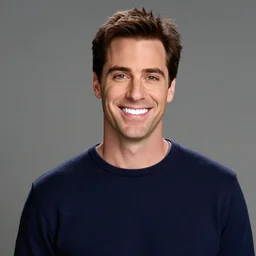 a high-quality studio portrait of Ross Geller, his teeth glowing white, 90mm, f/1.4