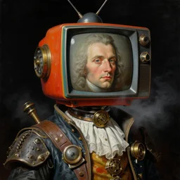 a baroque portrait close - up of a steampunk man with a colorful television tv for a head. foggy atmosphere, black background. highly detailed science - fiction painting by norman rockwell, moebius, frank frazetta, and syd mead. rich colors, high contrast. artstation