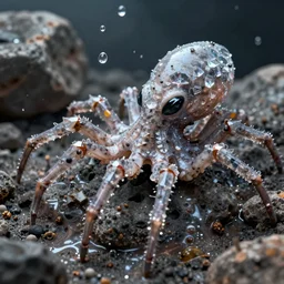professional photo shot of an alien spider octopus made of silica crystal spikes, melted with rocks in the background, microscopic picture, droplets of water, grimy, gritty, trending on artstation, award winning, close shot, by aleks labuda and barry webb