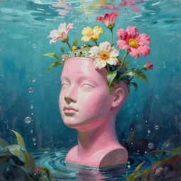 Zhang Kechun, award winning masterpiece with incredible details, Zhang Kechun, a surreal vaporwave vaporwave vaporwave vaporwave vaporwave painting by Zhang Kechun of an old pink mannequin head with flowers growing out, sinking underwater, highly detailed Zhang Kechun