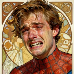 beautiful painting by jeremy mann, portrait of tobey maguire as spider - man sobbing in pain, grimacing, in tears, weeping, crying, absurdly beautiful, elegant, ultrafine hyperrealistic detailed face illustration by wlop and artgerm and greg rutkowski, alphonse mucha, frank franzetta, craig mullins, intricate linework, sharp focus, smooth, octopath traveler