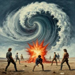 a giant 🌊 swirling in the sky above a barren 🏜 by ivan shishkin and zacharias aagaard and simon stalenhag and dan mumford and josan gonzalez, 💥 💣 surrealism, hyper detailed, vibrant, high contrast, desaturated, retrowave