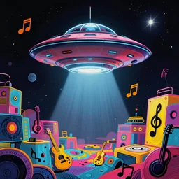 ufo wandering in a space full of music, pop art, illustration, colorful