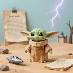 wooden yoda, starship in a desert, wooden board, manuscript, chateau, nordic pastel colors, perfect lightning