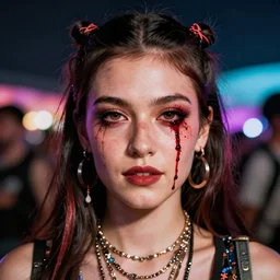 perfectly centered portrait photograph of coachella influencer with blood coming out of her eyes, detailed, ambient lighting, hyper realistic, pop art style, artstation, featured on z brush, 3 5 mm film grain