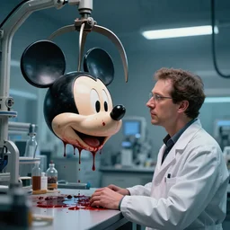 mechanics scientist in lab facility looking at bloody mickey mouse head lifted by claw,, made by beeple, cgsociety, artgerm, greg rutkowski, highly detailed intricate 4 k art, low light cinematic, octane render, unreal engine, smooth concept art
