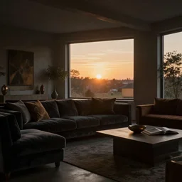 dark glowing soft sunset in a tastefully decorated living room with dark luxurious furnishings, and a mix of antique and modern furniture, and a mix of concrete and wood finishes, soft focus cinematic still, dark dreamy golden dappled light
