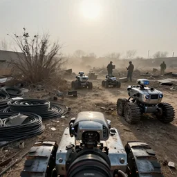 a first person view of few broken wheeled robots, desaturated colors, in a scrap yards of robots, electric sparks, shiny metallic paint, metal cemetery, dried up bushes and trees, polluted land, cables stacked on the ground, dust bowl, heat haze mirage, blinding sun, dust storm in the horizon, reporter, live footage, canon lens, close - up, depth of field