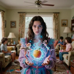 movie still by alejandro jodorowsky, a portrait of a beautiful day in a family living room in a suburban neighborhood usa, visible magic energy, dream creature costumes, telekinesis fruit, talking animals, magic parade float, cinestill 8 0 0 t eastmancolor technicolor, high quality, very detailed, heavy grain, fine facial features, 8 k, octane render