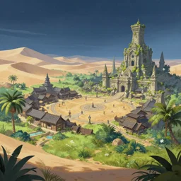 low angle wide shot, the elder scrolls vi hammerfell, capital city, marketsquare, mesa, oasis, sand dunes, ruined temple covered with moss, meadows, sub tropical, illustration, spring, night time, cold starry sky, perfectly shaded, soft painting, art by krenz cushart and wenjun lin