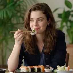 a portrait of female Asa Butterfield mixed with Pam beesly, she is eating sushi, content, kind, slight smile, surrounded by plants, by edmund blair leighton