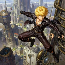 prompt : ragnarok online portrait soft light painted by james jean and katsuhiro otomo and erik jones, inspired by akira anime, epic fantasy, a young blonde boy thief wearing plain leather thief clothes falling off a tall building in a steampunk city, intricate oil painting, high detail illustration, sharp high detail, manga and anime 1 9 9 9