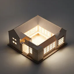 architectural model, isometric view, studio lighting, low contrast, brightly lit studio, highly detailed, stacked boxes, large windows, courtyard, gabled roof, square