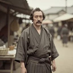 Portrait of a 19th century Japanese gyuto trader at a Kyoto street market, 1900s photography