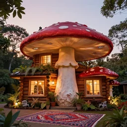 award winning exterior of a house shaped like an amanita muscaria mushroom made entirely of redwood during sunset with soft lamp light, lots of plants and stained glass ceilings and persian rugs