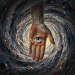 hand with and eye in the center, floating in a spiraling abyss, scifi, painted by pedro correa,