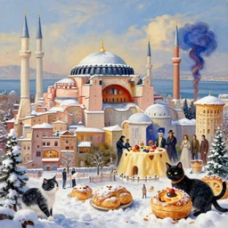 a surrealist city of istanbul made of pastry, snowy midday, painted by michelangelo, cat, midnight, party