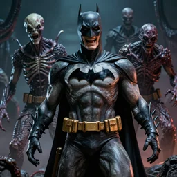 the batman who laughs, by yasushi nirasawa moebius hr giger alex ross clive barker, full figure action shot, alien zombie hell world background, hdr, 8 k, octane render, volumetric lighting