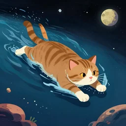 cat swimming in space, digital art