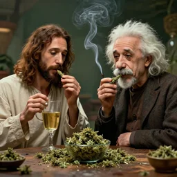 jesus christ and albert einstein smoking weed, drunk, in the afterlife, wholesome, octane render, hyperdetailed, beautiful, art, by greg rutkowski, trending on artstation