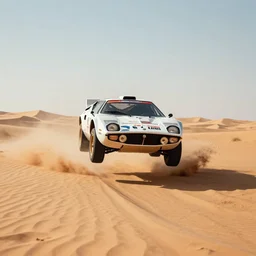 Lancia Stratos Rally car Jumping over dunes in a desert, landscape, center composition, cinematic, rendered by simon stålenhag, rendered by Beeple, Makoto Shinkai, syd meade, environment concept, digital art, unreal engine, WLOP, trending on artstation, 4K UHD image, octane render,