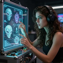 beauty young spanish space woman analysing in a hologram with alien artifacts, electrical case display, 80s Aliens tech, ultrarealistic, dramatic lighting, electrical details, high details, 4k, 8k, best, accurate, trending on artstation, artstation, photorealism, ultrarealistic, digital painting, style of Peter Mohrbacher and Boris Vallejo and Wayne barlowe