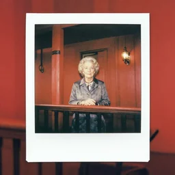 Polaroid Medium Shot portrait of a very well-dressed old lady in a balcony of a red hotel, photo made by Wes Anderson award winning, 4K