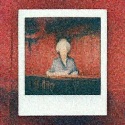 Polaroid Medium Shot portrait of a very well-dressed old lady in a balcony of a red hotel, photo made by Wes Anderson award winning, 4K