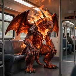 burning balrog from lord of the rings sitting in public transport